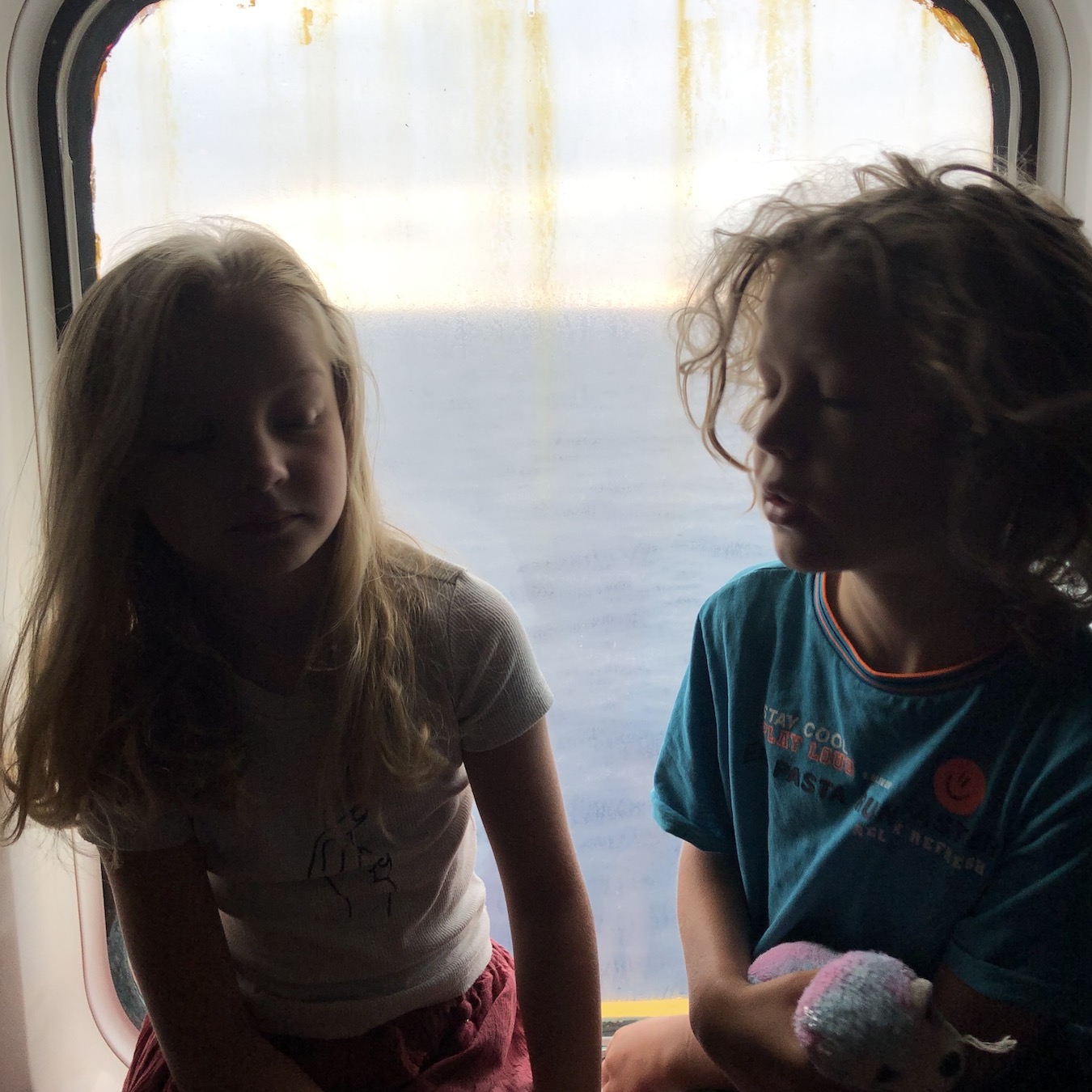 On the ferry, inside our cabin, with a view!